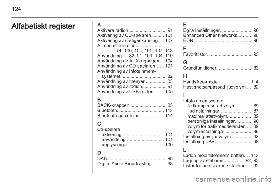 OPEL MERIVA 2014.5  Handbok för infotainmentsystem 124Alfabetiskt registerAAktivera radion.............................. 91
Aktivering av CD-spelaren ..........101
Aktivering av röstigenkänning ....107
Allmän information..................... ......