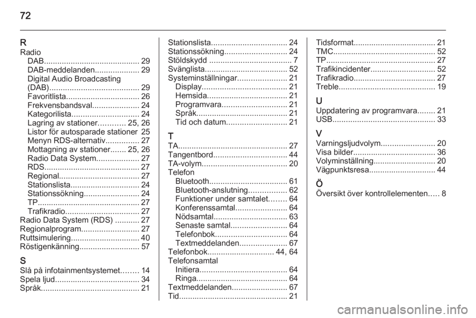 OPEL MERIVA 2014.5  Handbok för infotainmentsystem 72
RRadio DAB ........................................... 29
DAB-meddelanden ....................29
Digital Audio Broadcasting
(DAB) ........................................ 29
Favoritlista ..........