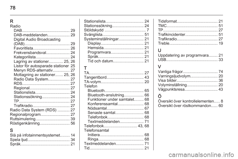 OPEL MERIVA 2015  Handbok för infotainmentsystem 78
RRadio DAB ........................................... 29
DAB-meddelanden ....................29
Digital Audio Broadcasting
(DAB) ........................................ 29
Favoritlista ..........