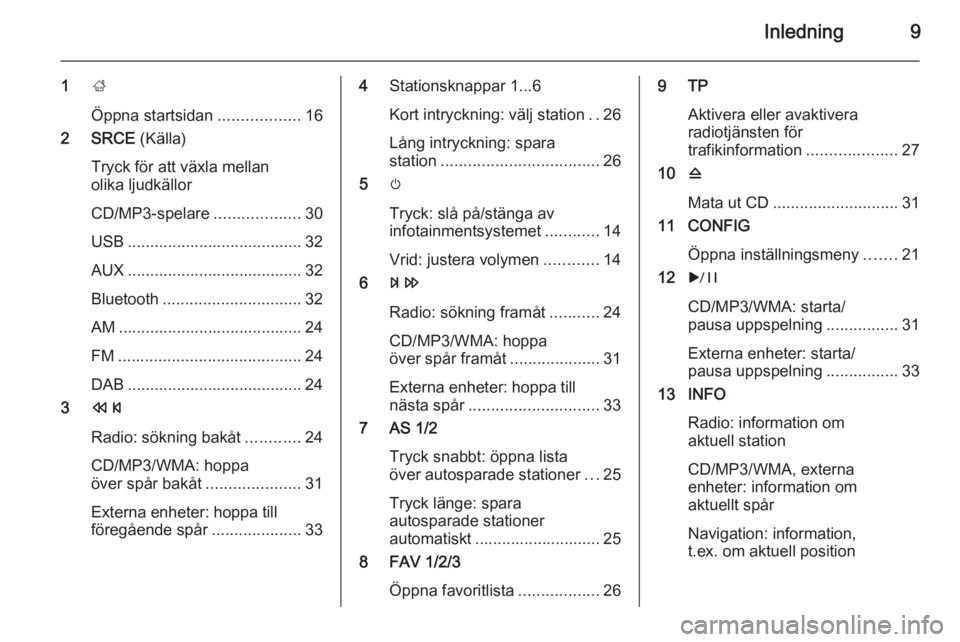 OPEL MERIVA 2015.5  Handbok för infotainmentsystem Inledning9
1;
Öppna startsidan ..................16
2 SRCE  (Källa)
Tryck för att växla mellan
olika ljudkällor
CD/MP3-spelare ...................30
USB ....................................... 32