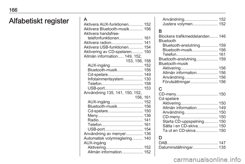 OPEL MERIVA 2016  Handbok för infotainmentsystem 166Alfabetiskt registerAAktivera AUX-funktionen ............152
Aktivera Bluetooth-musik ............156
Aktivera handsfree- telefonfunktionen .....................161
Aktivera radion.................