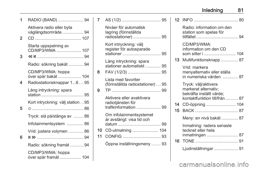 OPEL MERIVA 2016 Handbok för infotainmentsystem Inledning811RADIO (BAND) .....................94
Aktivera radio eller byta
våglängdsområde .................94
2 CD....................................... 107
Starta uppspelning av
CD/MP3/WMA ..... OPEL MERIVA 2016 Handbok för infotainmentsystem Inledning811RADIO (BAND) .....................94
Aktivera radio eller byta
våglängdsområde .................94
2 CD....................................... 107
Starta uppspelning av
CD/MP3/WMA .....