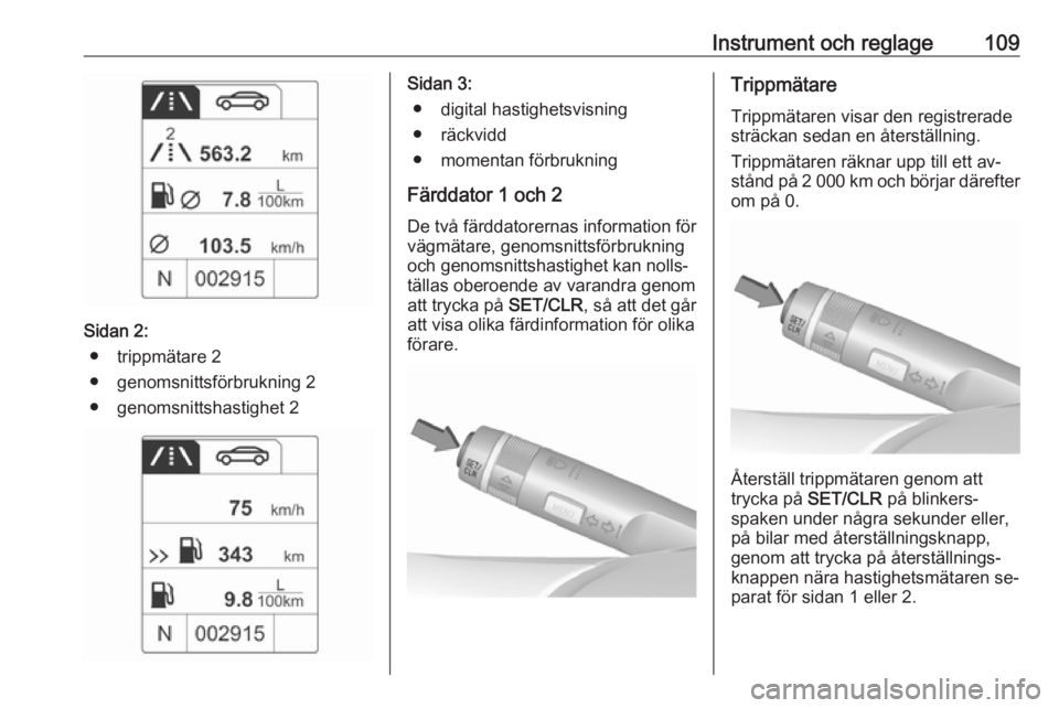 OPEL MERIVA 2016 Instruktionsbok Instrument och reglage109
Sidan 2:● trippmätare 2
● genomsnittsförbrukning 2
● genomsnittshastighet 2
Sidan 3: ● digital hastighetsvisning
● räckvidd
● momentan förbrukning
Färddator OPEL MERIVA 2016 Instruktionsbok Instrument och reglage109
Sidan 2:● trippmätare 2
● genomsnittsförbrukning 2
● genomsnittshastighet 2
Sidan 3: ● digital hastighetsvisning
● räckvidd
● momentan förbrukning
Färddator