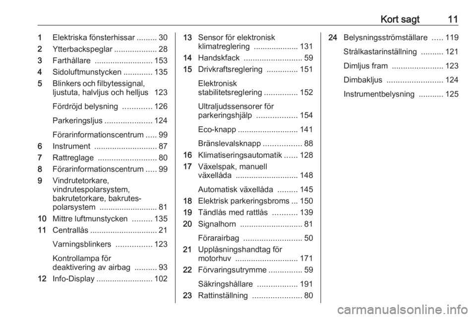 OPEL MERIVA 2016.5  Instruktionsbok Kort sagt111Elektriska fönsterhissar .........30
2 Ytterbackspeglar ...................28
3 Farthållare  .......................... 153
4 Sidoluftmunstycken .............135
5 Blinkers och filbytess