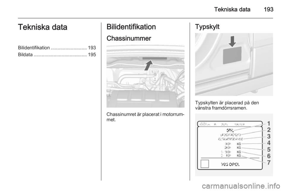 OPEL MOKKA 2014 Instruktionsbok Tekniska data193Tekniska dataBilidentifikation........................... 193
Bildata ........................................ 195Bilidentifikation
Chassinummer
Chassinumret är placerat i motorrum‐ OPEL MOKKA 2014 Instruktionsbok Tekniska data193Tekniska dataBilidentifikation........................... 193
Bildata ........................................ 195Bilidentifikation
Chassinummer
Chassinumret är placerat i motorrum‐