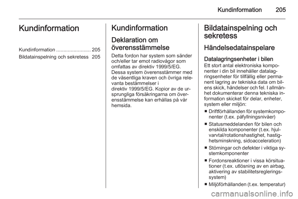 OPEL MOKKA 2014 Instruktionsbok Kundinformation205KundinformationKundinformation........................205
Bildatainspelning och sekretess 205Kundinformation
Deklaration om
överensstämmelse Detta fordon har system som sänder
och OPEL MOKKA 2014 Instruktionsbok Kundinformation205KundinformationKundinformation........................205
Bildatainspelning och sekretess 205Kundinformation
Deklaration om
överensstämmelse Detta fordon har system som sänder
och