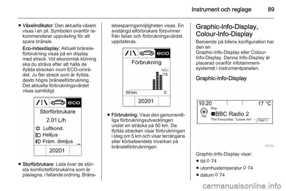 OPEL MOKKA 2014 Instruktionsbok Instrument och reglage89
■Växelindikator : Den aktuella växeln
visas i en pil. Symbolen ovanför re‐ kommenderar uppväxling för attspara bränsle.
Eco-indexdisplay : Aktuell bränsle‐
förbr OPEL MOKKA 2014 Instruktionsbok Instrument och reglage89
■Växelindikator : Den aktuella växeln
visas i en pil. Symbolen ovanför re‐ kommenderar uppväxling för attspara bränsle.
Eco-indexdisplay : Aktuell bränsle‐
förbr