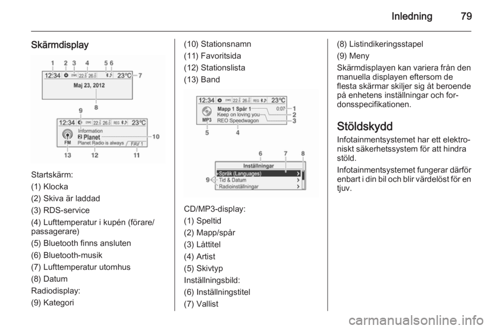 OPEL MOKKA 2014.5  Handbok för infotainmentsystem Inledning79
Skärmdisplay
Startskärm:
(1) Klocka
(2) Skiva är laddad
(3) RDS-service
(4) Lufttemperatur i kupén (förare/
passagerare)
(5) Bluetooth finns ansluten
(6) Bluetooth-musik
(7) Lufttempe OPEL MOKKA 2014.5  Handbok för infotainmentsystem Inledning79
Skärmdisplay
Startskärm:
(1) Klocka
(2) Skiva är laddad
(3) RDS-service
(4) Lufttemperatur i kupén (förare/
passagerare)
(5) Bluetooth finns ansluten
(6) Bluetooth-musik
(7) Lufttempe