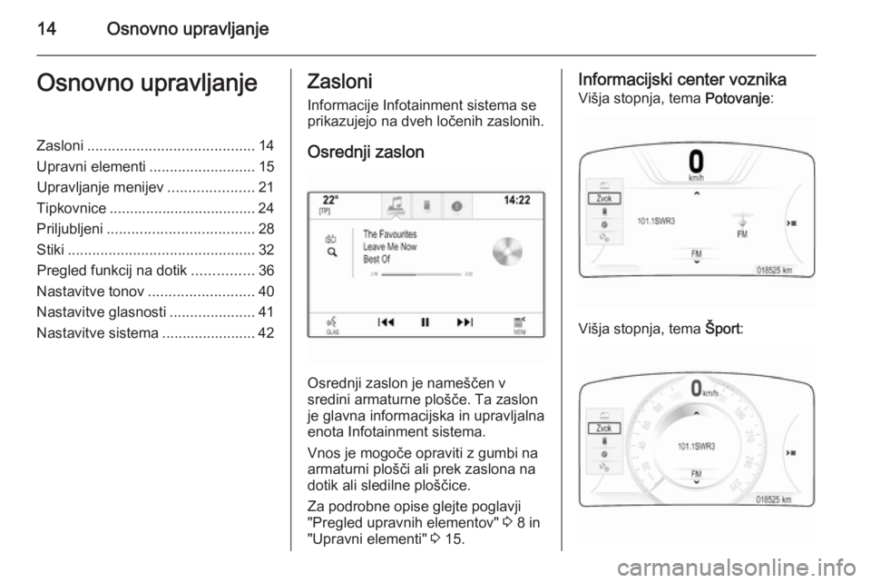 OPEL INSIGNIA 2014  Navodila za uporabo Infotainment sistema 14Osnovno upravljanjeOsnovno upravljanjeZasloni......................................... 14
Upravni elementi ..........................15
Upravljanje menijev .....................21
Tipkovnice .......