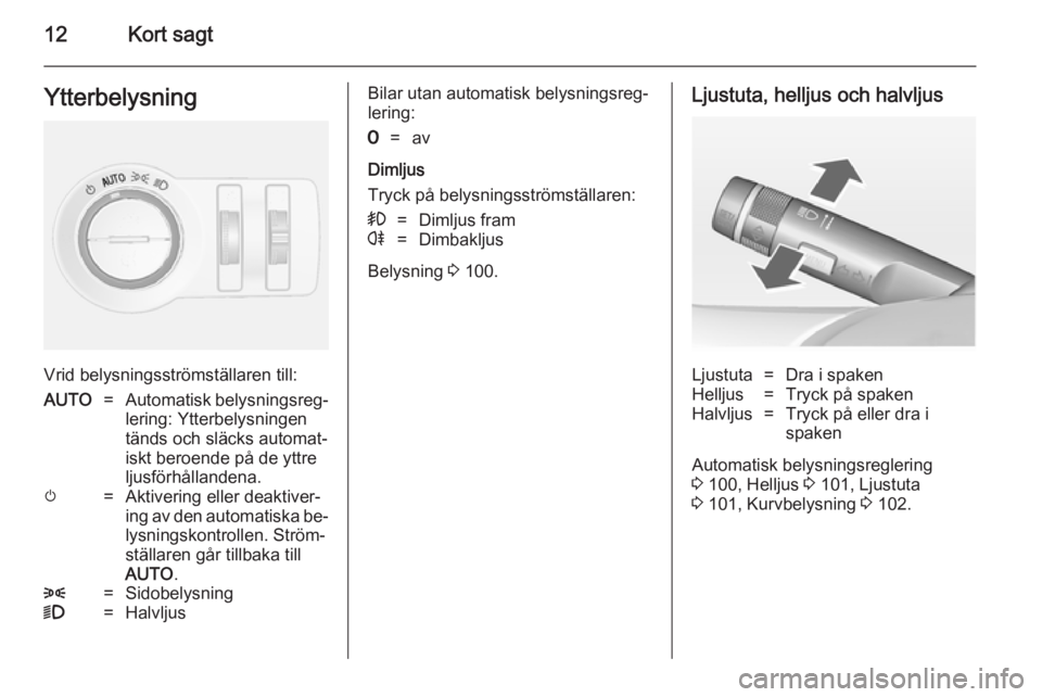 OPEL MOKKA 2014.5  Instruktionsbok 12Kort sagtYtterbelysning
Vrid belysningsströmställaren till:
AUTO=Automatisk belysningsreg‐
lering: Ytterbelysningen
tänds och släcks automat‐
iskt beroende på de yttre
ljusförhållandena.m