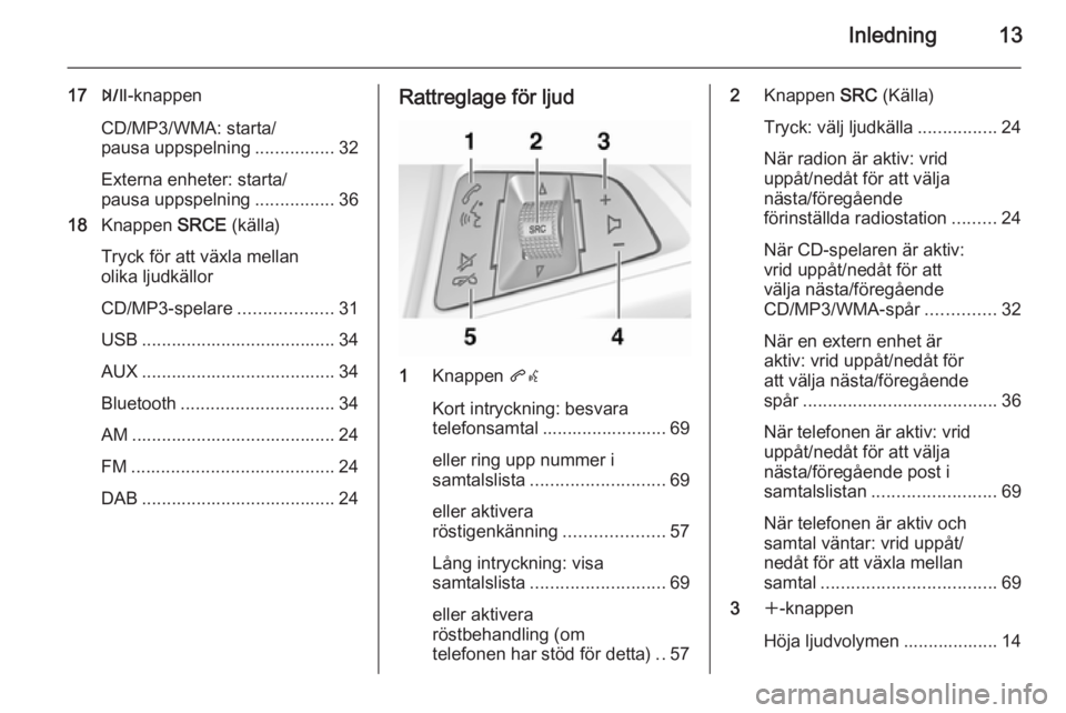 OPEL MOKKA 2015 Handbok för infotainmentsystem Inledning13
17T-knappen
CD/MP3/WMA: starta/
pausa uppspelning ................32
Externa enheter: starta/
pausa uppspelning ................36
18 Knappen SRCE (källa)
Tryck för att växla mellan
ol OPEL MOKKA 2015 Handbok för infotainmentsystem Inledning13
17T-knappen
CD/MP3/WMA: starta/
pausa uppspelning ................32
Externa enheter: starta/
pausa uppspelning ................36
18 Knappen SRCE (källa)
Tryck för att växla mellan
ol