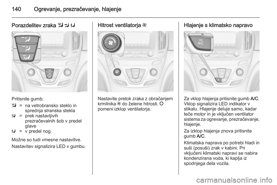 OPEL INSIGNIA 2014.5 Uporabniški priročnik 140Ogrevanje, prezračevanje, hlajenje
Porazdelitev zraka l M K
Pritisnite gumb:
l=na vetrobransko steklo in
sprednja stranska steklaM=prek nastavljivih
prezračevalnih šob v predel
glaveK=v predel OPEL INSIGNIA 2014.5 Uporabniški priročnik 140Ogrevanje, prezračevanje, hlajenje
Porazdelitev zraka l M K
Pritisnite gumb:
l=na vetrobransko steklo in
sprednja stranska steklaM=prek nastavljivih
prezračevalnih šob v predel
glaveK=v predel
