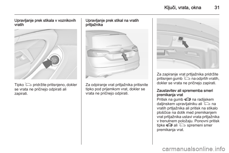 OPEL INSIGNIA 2014.5 Uporabniški priročnik Ključi, vrata, okna31
Upravljanje prek stikala v voznikovih
vratih
Tipko G pridržite pritisnjeno, dokler
se vrata ne pričnejo odpirati ali
zapirati.
Upravljanje prek stikal na vratih
prtljažnika
OPEL INSIGNIA 2014.5 Uporabniški priročnik Ključi, vrata, okna31
Upravljanje prek stikala v voznikovih
vratih
Tipko G pridržite pritisnjeno, dokler
se vrata ne pričnejo odpirati ali
zapirati.
Upravljanje prek stikal na vratih
prtljažnika