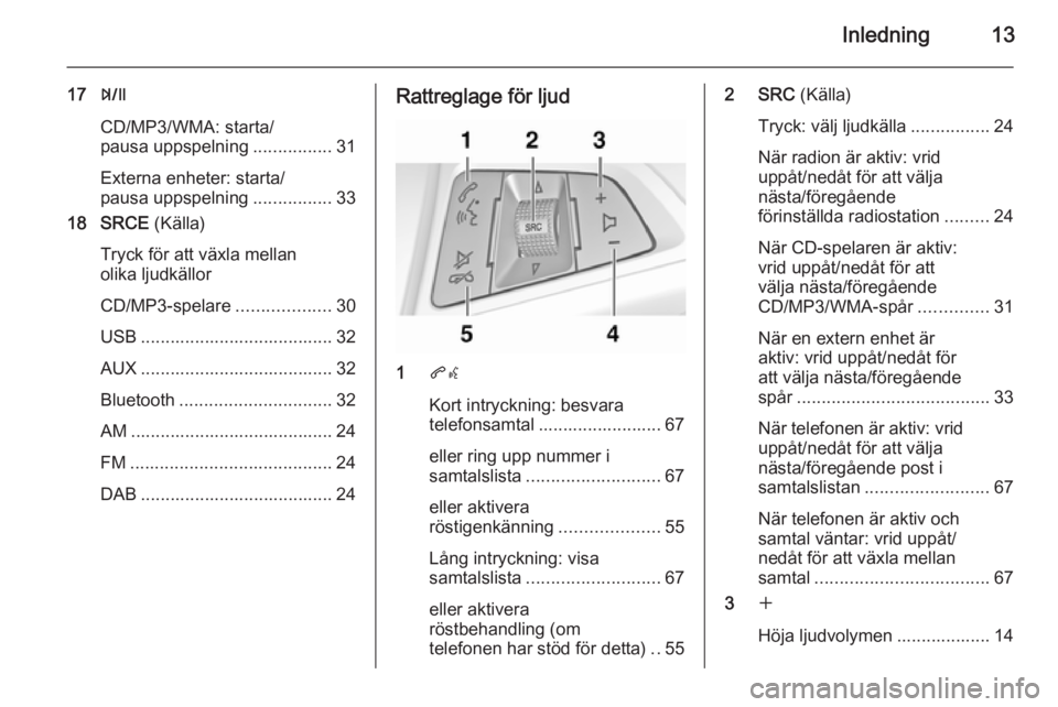 OPEL MOKKA 2015.5  Handbok för infotainmentsystem Inledning13
17T
CD/MP3/WMA: starta/
pausa uppspelning ................31
Externa enheter: starta/
pausa uppspelning ................33
18 SRCE  (Källa)
Tryck för att växla mellan
olika ljudkällor
