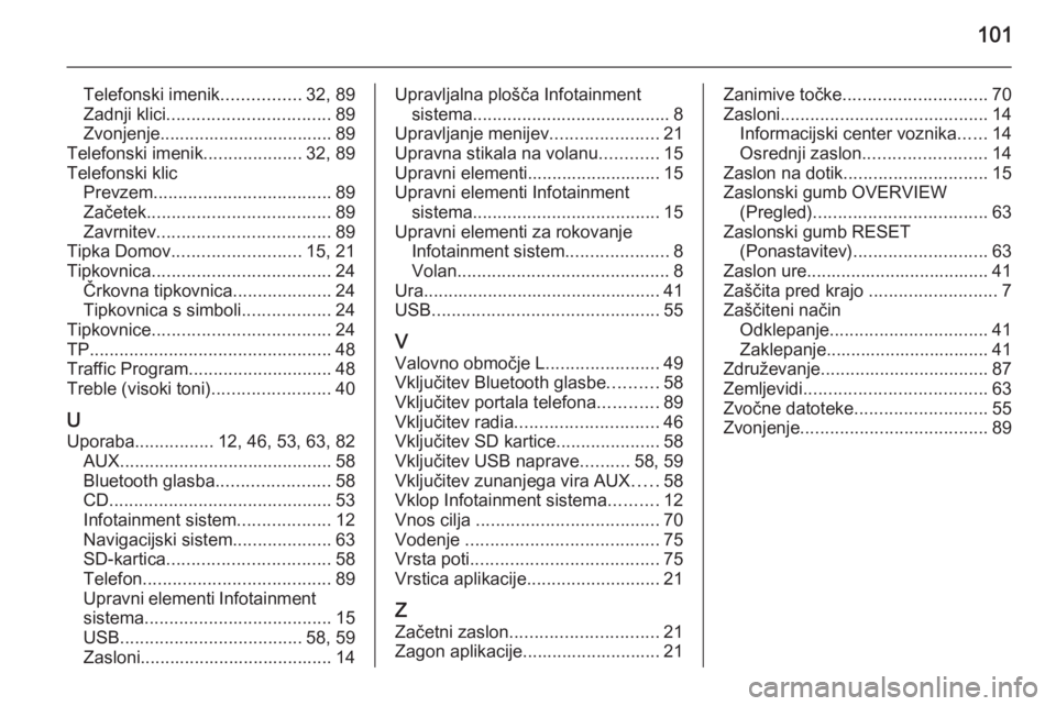 OPEL INSIGNIA 2015  Navodila za uporabo Infotainment sistema 101
Telefonski imenik................32, 89
Zadnji klici ................................. 89
Zvonjenje................................... 89
Telefonski imenik ....................32, 89
Telefonski kl