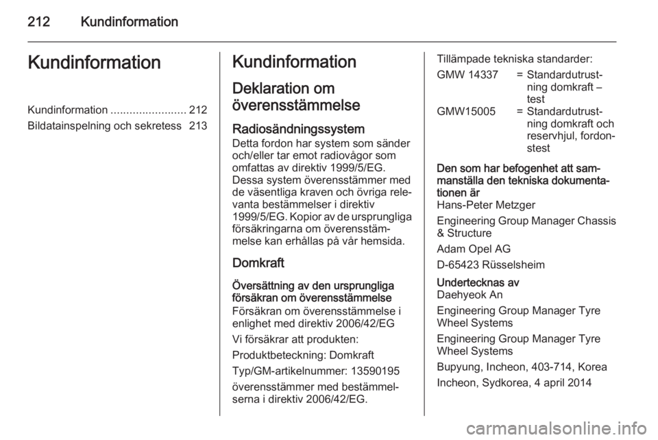 OPEL MOKKA 2015.5 Instruktionsbok 212KundinformationKundinformationKundinformation........................212
Bildatainspelning och sekretess 213Kundinformation
Deklaration om
överensstämmelse
Radiosändningssystem
Detta fordon har OPEL MOKKA 2015.5 Instruktionsbok 212KundinformationKundinformationKundinformation........................212
Bildatainspelning och sekretess 213Kundinformation
Deklaration om
överensstämmelse
Radiosändningssystem
Detta fordon har