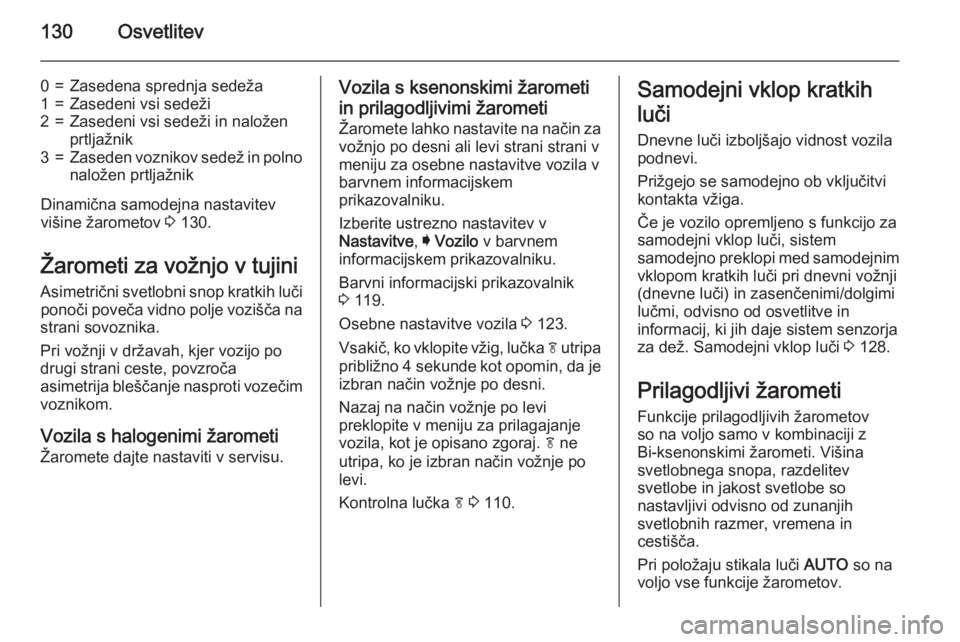 OPEL INSIGNIA 2015  Uporabniški priročnik 130Osvetlitev
0=Zasedena sprednja sedeža1=Zasedeni vsi sedeži2=Zasedeni vsi sedeži in naložen
prtljažnik3=Zaseden voznikov sedež in polno naložen prtljažnik
Dinamična samodejna nastavitev
vi�