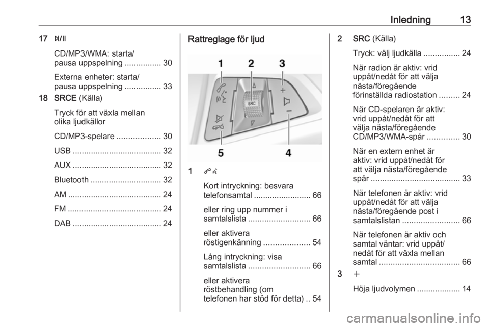 OPEL MOKKA 2016  Handbok för infotainmentsystem Inledning1317T
CD/MP3/WMA: starta/
pausa uppspelning ................30
Externa enheter: starta/
pausa uppspelning ................33
18 SRCE  (Källa)
Tryck för att växla mellan
olika ljudkällor
C