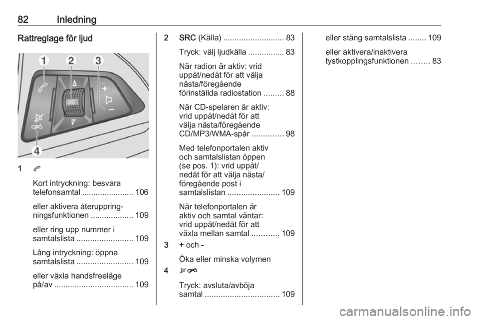 OPEL MOKKA 2016 Handbok för infotainmentsystem 82InledningRattreglage för ljud
1q
Kort intryckning: besvara
telefonsamtal ....................... 106
eller aktivera återuppring‐
ningsfunktionen ...................109
eller ring upp nummer i
sa OPEL MOKKA 2016 Handbok för infotainmentsystem 82InledningRattreglage för ljud
1q
Kort intryckning: besvara
telefonsamtal ....................... 106
eller aktivera återuppring‐
ningsfunktionen ...................109
eller ring upp nummer i
sa