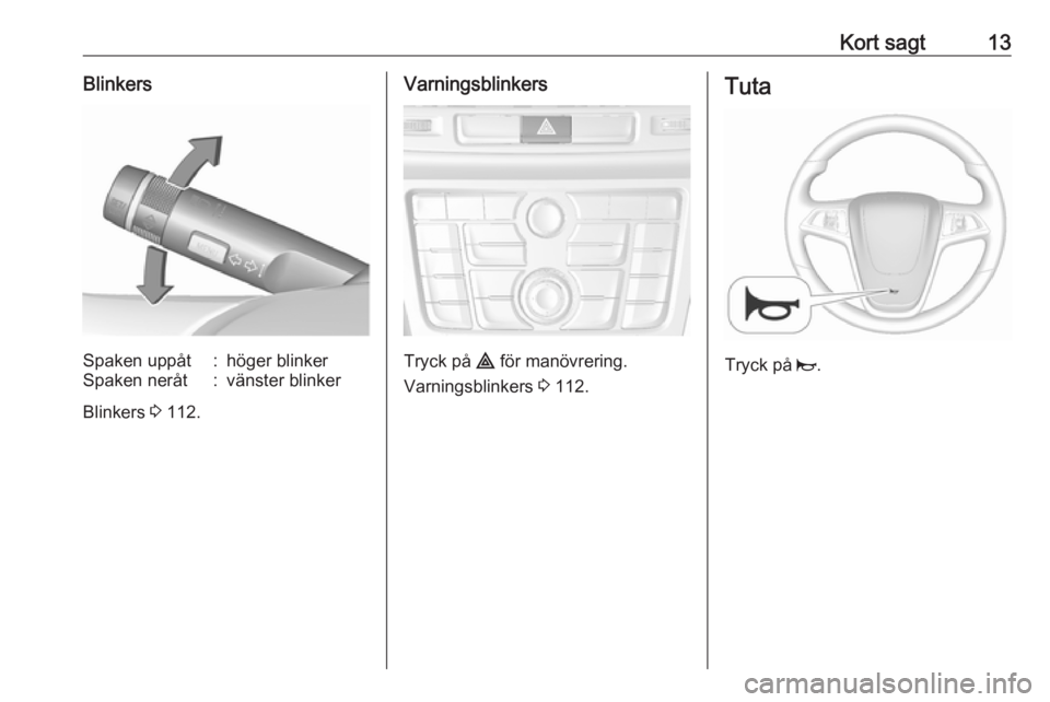 OPEL MOKKA 2016  Instruktionsbok Kort sagt13BlinkersSpaken uppåt:höger blinkerSpaken neråt:vänster blinker
Blinkers 3 112.
Varningsblinkers
Tryck på  ¨ för manövrering.
Varningsblinkers  3 112.
Tuta
Tryck på  j. 