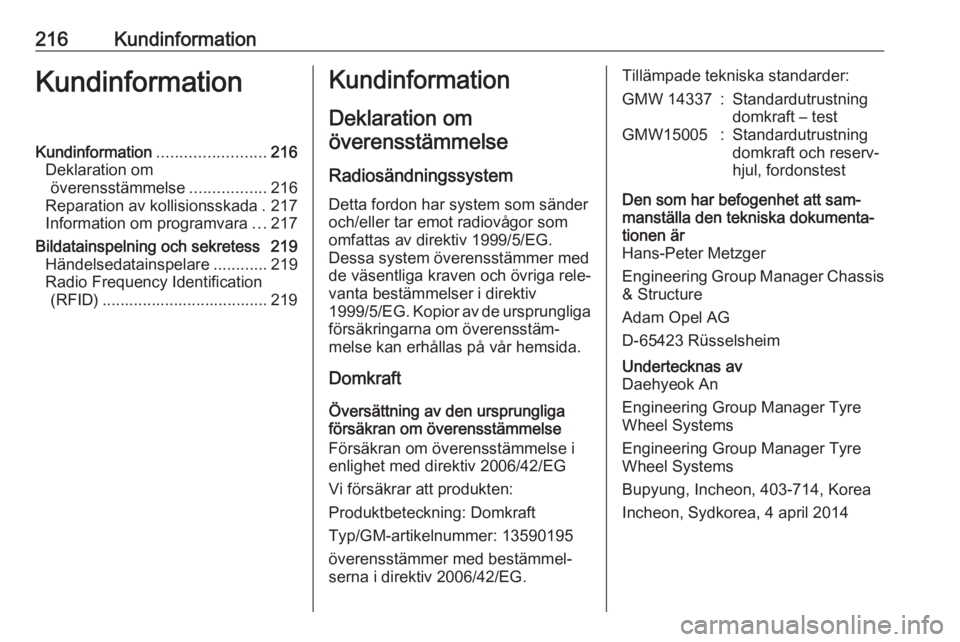 OPEL MOKKA 2016 Instruktionsbok 216KundinformationKundinformationKundinformation........................216
Deklaration om överensstämmelse .................216
Reparation av kollisionsskada . 217
Information om programvara ...217 OPEL MOKKA 2016 Instruktionsbok 216KundinformationKundinformationKundinformation........................216
Deklaration om överensstämmelse .................216
Reparation av kollisionsskada . 217
Information om programvara ...217