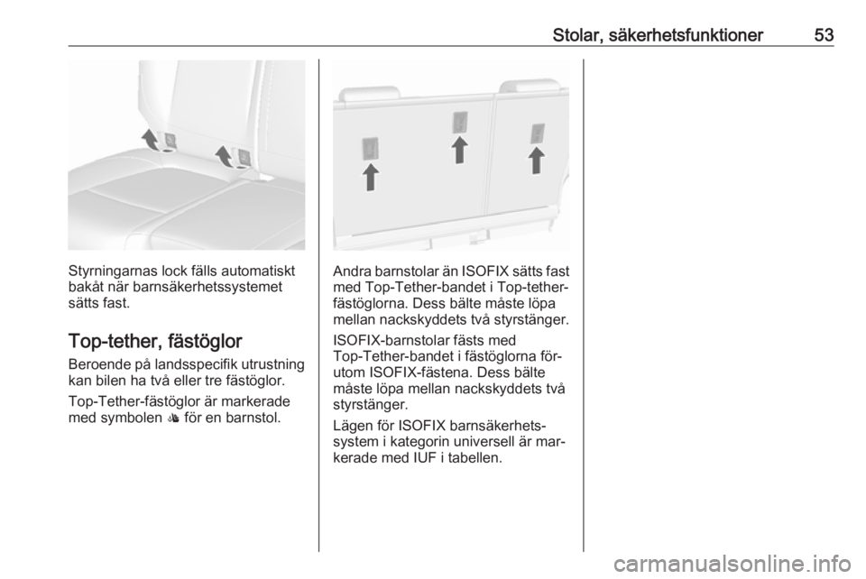 OPEL MOKKA 2016  Instruktionsbok Stolar, säkerhetsfunktioner53
Styrningarnas lock fälls automatiskt
bakåt när barnsäkerhetssystemet
sätts fast.
Top-tether, fästöglor Beroende på landsspecifik utrustning
kan bilen ha två ell