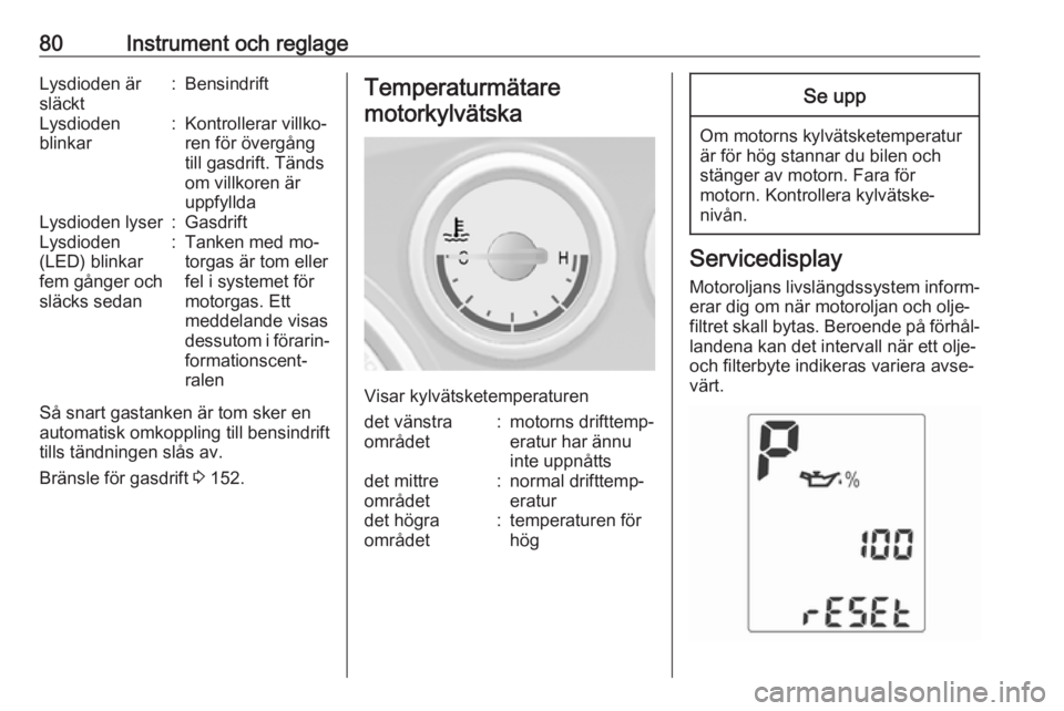 OPEL MOKKA 2016  Instruktionsbok 80Instrument och reglageLysdioden är
släckt:BensindriftLysdioden
blinkar:Kontrollerar villko‐
ren för övergång
till gasdrift. Tänds
om villkoren är
uppfylldaLysdioden lyser:GasdriftLysdioden
