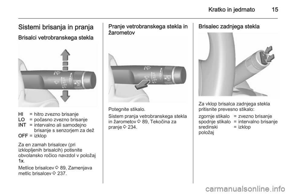 OPEL INSIGNIA 2015.5  Uporabniški priročnik Kratko in jedrnato15Sistemi brisanja in pranja
Brisalci vetrobranskega steklaHI=hitro zvezno brisanjeLO=počasno zvezno brisanjeINT=intervalno ali samodejno
brisanje s senzorjem za dežOFF=izklop
Za e