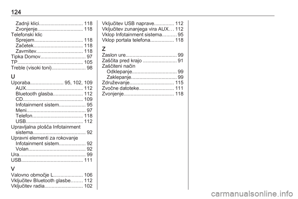 OPEL INSIGNIA 2016  Navodila za uporabo Infotainment sistema 124Zadnji klici............................... 118
Zvonjenje................................. 118
Telefonski klic Sprejem ................................... 118
Začetek .............................