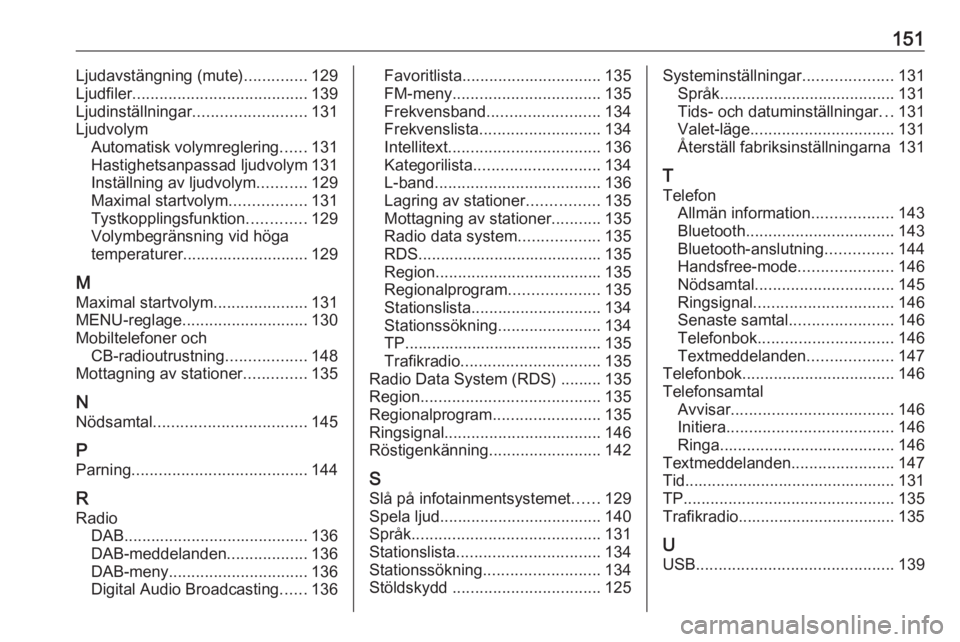 OPEL MOKKA X 2017 Handbok för infotainmentsystem 151Ljudavstängning (mute)..............129
Ljudfiler ....................................... 139
Ljudinställningar ......................... 131
Ljudvolym Automatisk volymreglering ......131
Hastigh OPEL MOKKA X 2017 Handbok för infotainmentsystem 151Ljudavstängning (mute)..............129
Ljudfiler ....................................... 139
Ljudinställningar ......................... 131
Ljudvolym Automatisk volymreglering ......131
Hastigh