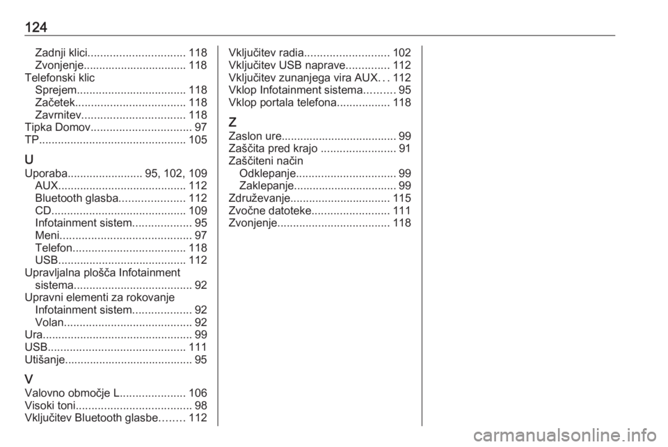 OPEL INSIGNIA 2016.5  Navodila za uporabo Infotainment sistema 124Zadnji klici............................... 118
Zvonjenje................................. 118
Telefonski klic Sprejem ................................... 118
Začetek .............................