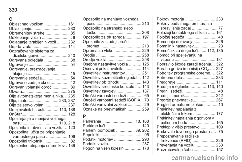 OPEL INSIGNIA 2016.5  Uporabniški priročnik 330OOblast nad vozilom  ....................161
Oblazinjenje ................................ 280
Obremenitev strehe ......................85
Odklepanje vozila  ..........................6
Odlaganje i