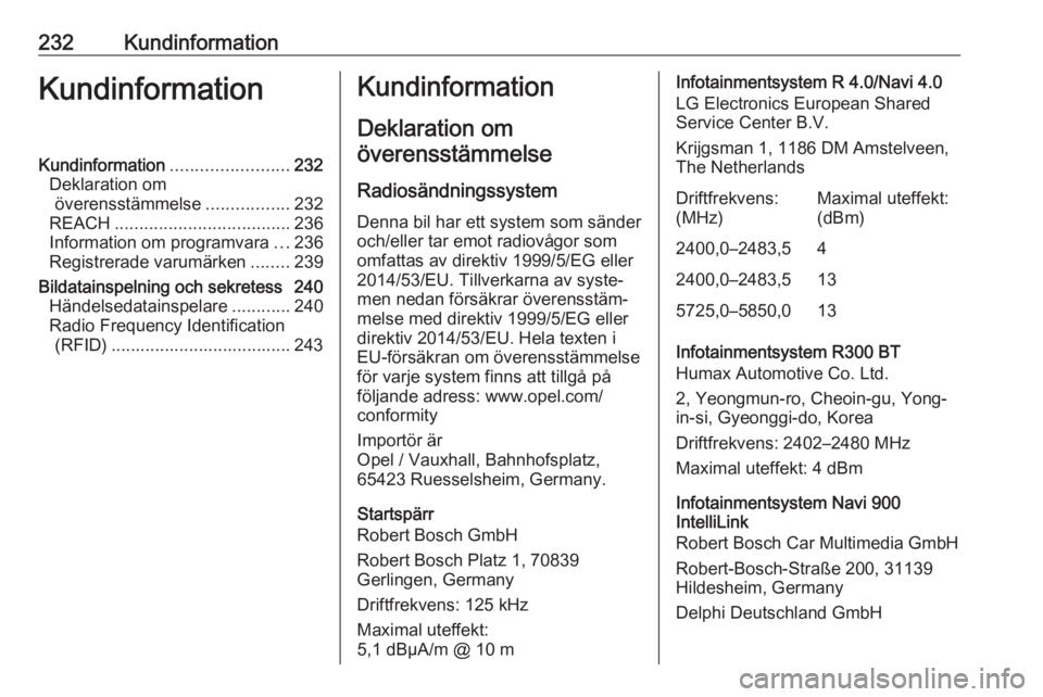 OPEL MOKKA X 2018.5  Handbok för infotainmentsystem 232KundinformationKundinformationKundinformation........................232
Deklaration om överensstämmelse .................232
REACH .................................... 236
Information om program