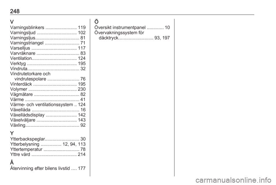OPEL MOKKA X 2018.5  Handbok för infotainmentsystem 248VVarningsblinkers  ........................119
Varningsljud  ............................... 102
Varningsljus .................................. 81
Varningstriangel ........................... 71
V
