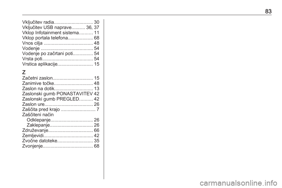 OPEL INSIGNIA BREAK 2018  Navodila za uporabo Infotainment sistema 83Vključitev radia............................. 30
Vključitev USB naprave ..........36, 37
Vklop Infotainment sistema ..........11
Vklop portala telefona ...................68
Vnos cilja  ..........