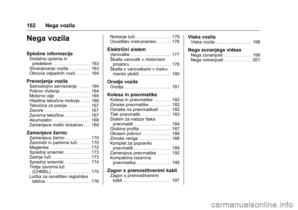 OPEL KARL 2016  Uporabniški priročnik OPEL Karl Owner Manual (GMK-Localizing-EU LHD-9231167) - 2016 - crc -
9/10/15
162 Nega vozila
Nega vozila
Splošne informacije
Dodatna oprema inpredelave . . . . . . . . . . . . . . . . . . . 163
Shra