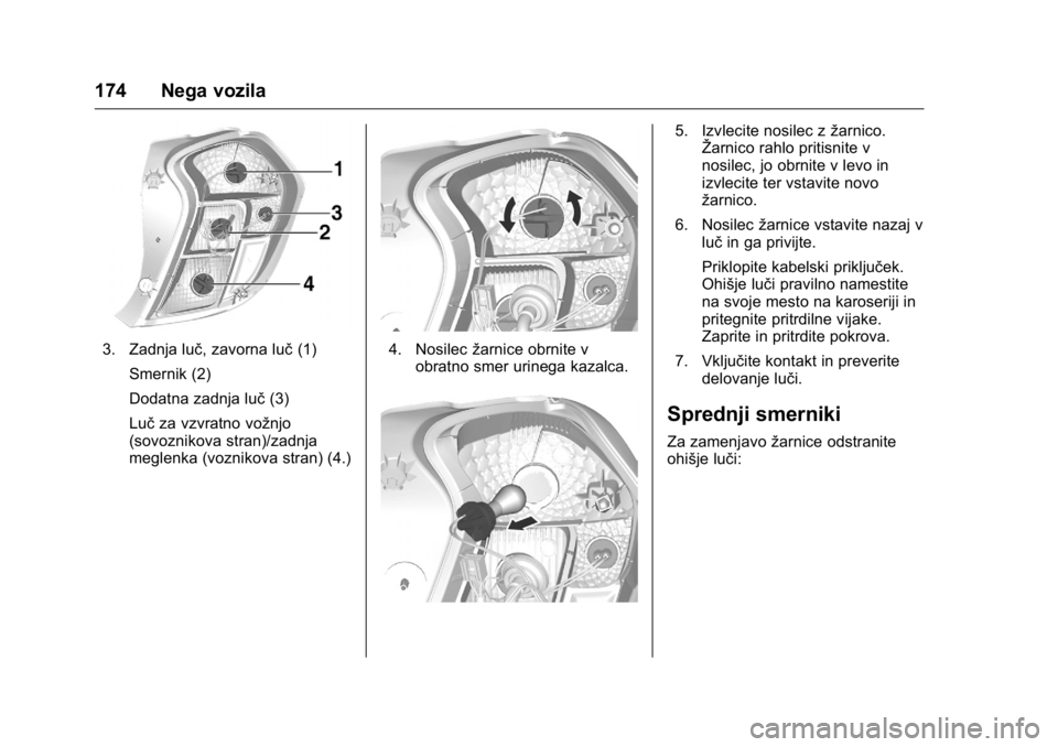 OPEL KARL 2016  Uporabniški priročnik OPEL Karl Owner Manual (GMK-Localizing-EU LHD-9231167) - 2016 - crc -
9/10/15
174 Nega vozila
3. Zadnja luč, zavorna luč(1)
Smernik (2)
Dodatna zadnja luč (3)
Luč za vzvratno vožnjo
(sovoznikova 