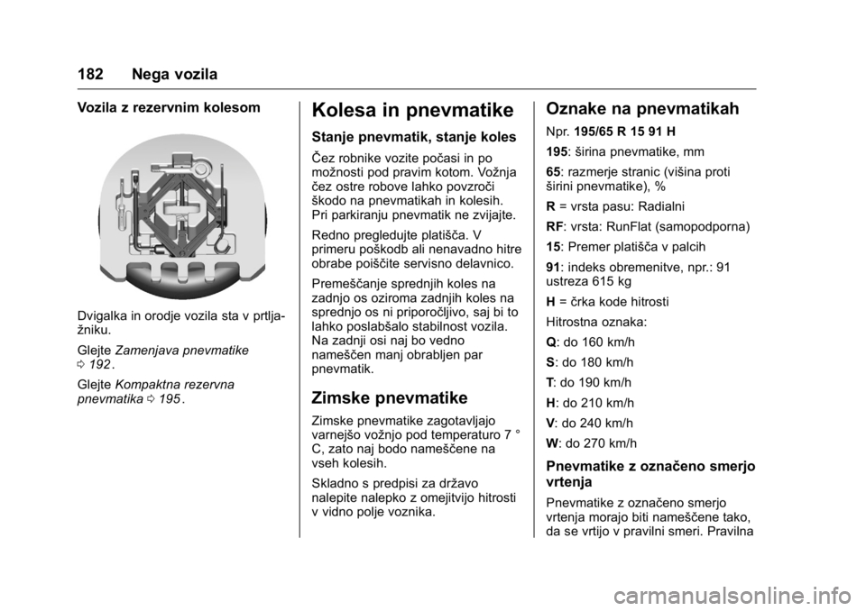 OPEL KARL 2016  Uporabniški priročnik OPEL Karl Owner Manual (GMK-Localizing-EU LHD-9231167) - 2016 - crc -
9/10/15
182 Nega vozila
Vozila z rezervnim kolesom
Dvigalka in orodje vozila sta v prtlja-
žniku.
GlejteZamenjava pnevmatike
0 19