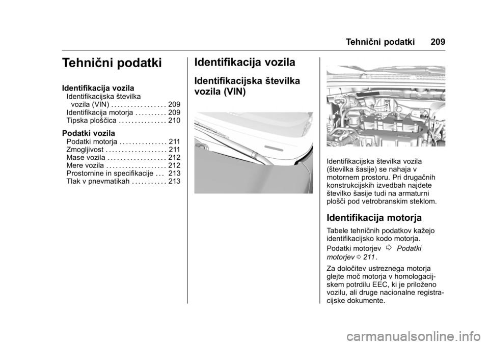 OPEL KARL 2016  Uporabniški priročnik OPEL Karl Owner Manual (GMK-Localizing-EU LHD-9231167) - 2016 - crc -
9/10/15
Tehnični podatki 209
Tehnični podatki
Identifikacija vozila
Identifikacijskaštevilka
vozila (VIN) . . . . . . . . . . .