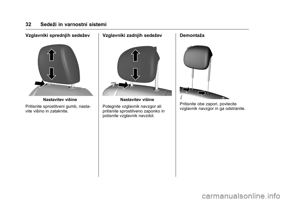 OPEL KARL 2016  Uporabniški priročnik OPEL Karl Owner Manual (GMK-Localizing-EU LHD-9231167) - 2016 - crc -
9/10/15
32 Sedeži in varnostni sistemi
Vzglavniki sprednjih sedežev
Nastavitev višine
Pritisnite sprostitveni gumb, nasta-
vite