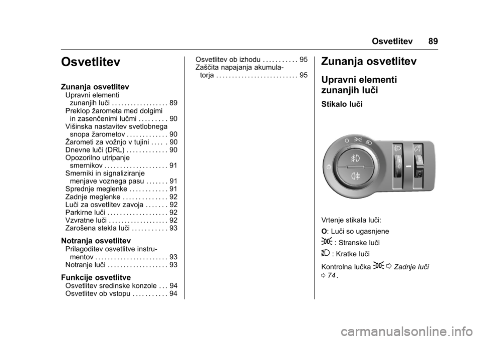 OPEL KARL 2016 Uporabniški priročnik OPEL Karl Owner Manual (GMK-Localizing-EU LHD-9231167) - 2016 - crc -
9/10/15
Osvetlitev 89
Osvetlitev
Zunanja osvetlitev
Upravni elementizunanjih luči . . . . . . . . . . . . . . . . . . 89
Preklop OPEL KARL 2016 Uporabniški priročnik OPEL Karl Owner Manual (GMK-Localizing-EU LHD-9231167) - 2016 - crc -
9/10/15
Osvetlitev 89
Osvetlitev
Zunanja osvetlitev
Upravni elementizunanjih luči . . . . . . . . . . . . . . . . . . 89
Preklop