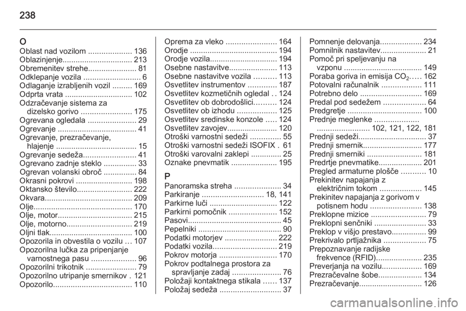 OPEL MERIVA 2014.5 Uporabniški priročnik 238
OOblast nad vozilom ....................136
Oblazinjenje ................................ 213
Obremenitev strehe ......................81
Odklepanje vozila ..........................6
Odlaganje OPEL MERIVA 2014.5 Uporabniški priročnik 238
OOblast nad vozilom ....................136
Oblazinjenje ................................ 213
Obremenitev strehe ......................81
Odklepanje vozila ..........................6
Odlaganje