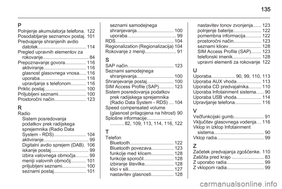 OPEL MERIVA 2015.5  Navodila za uporabo Infotainment sistema 135
PPolnjenje akumulatorja telefona. 122
Posodabljanje seznamov postaj. 101
Predvajanje shranjenih avdio datotek .................................... 114
Pregled upravnih elementov za rokovanje......