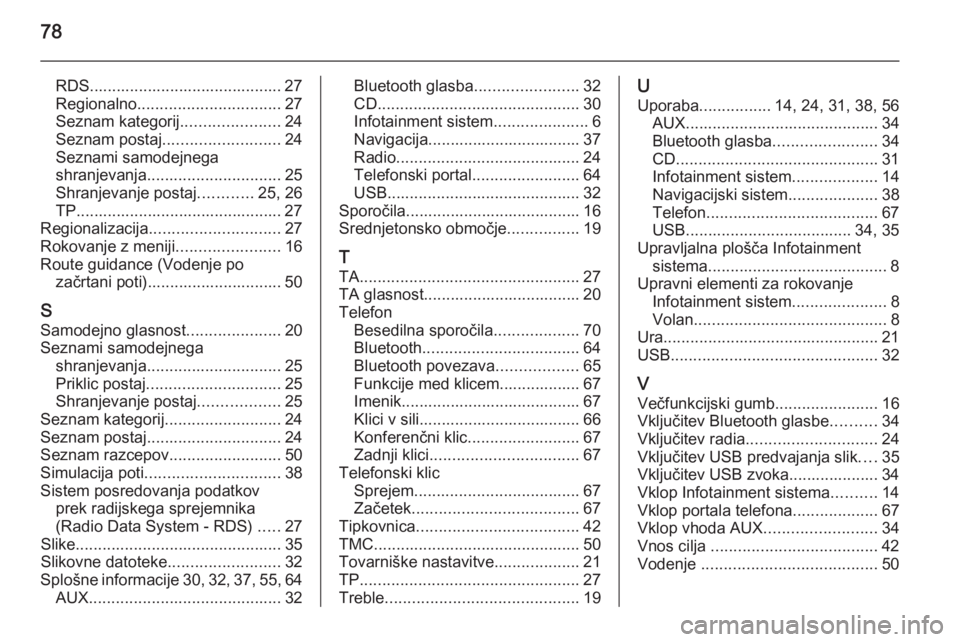 OPEL MERIVA 2015.5  Navodila za uporabo Infotainment sistema 78
RDS........................................... 27
Regionalno ................................ 27
Seznam kategorij ......................24
Seznam postaj .......................... 24
Seznami samode