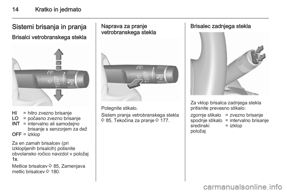 OPEL MERIVA 2015.5  Uporabniški priročnik 14Kratko in jedrnatoSistemi brisanja in pranjaBrisalci vetrobranskega steklaHI=hitro zvezno brisanjeLO=počasno zvezno brisanjeINT=intervalno ali samodejno
brisanje s senzorjem za dežOFF=izklop
Za en