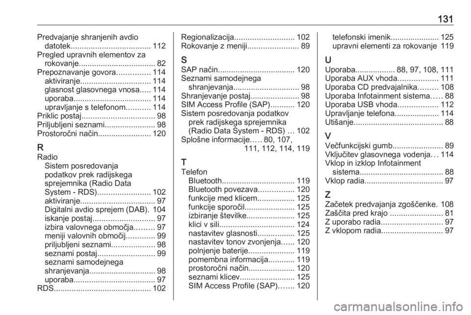 OPEL MERIVA 2016 Navodila za uporabo Infotainment sistema 131Predvajanje shranjenih avdiodatotek .................................... 112
Pregled upravnih elementov za rokovanje................................... 82
Prepoznavanje govora ...............114
ak OPEL MERIVA 2016 Navodila za uporabo Infotainment sistema 131Predvajanje shranjenih avdiodatotek .................................... 112
Pregled upravnih elementov za rokovanje................................... 82
Prepoznavanje govora ...............114
ak