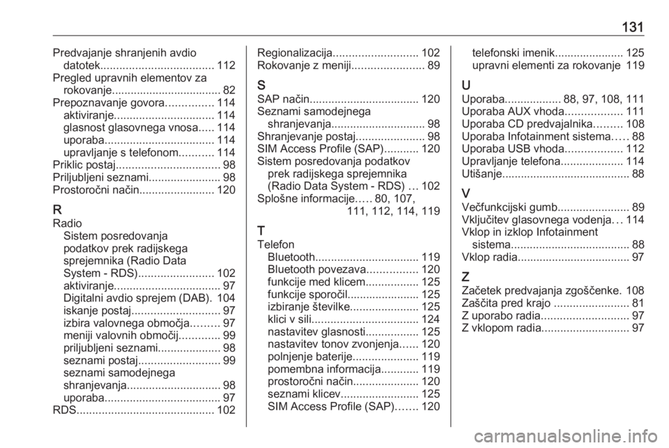 OPEL MERIVA 2016  Navodila za uporabo Infotainment sistema 131Predvajanje shranjenih avdiodatotek .................................... 112
Pregled upravnih elementov za rokovanje................................... 82
Prepoznavanje govora ...............114
ak