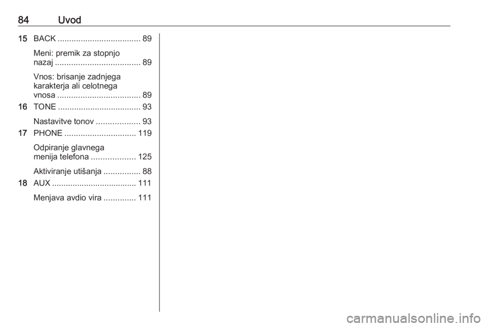 OPEL MERIVA 2016  Navodila za uporabo Infotainment sistema 84Uvod15BACK .................................... 89
Meni: premik za stopnjo
nazaj ..................................... 89
Vnos: brisanje zadnjega
karakterja ali celotnega
vnosa .....................