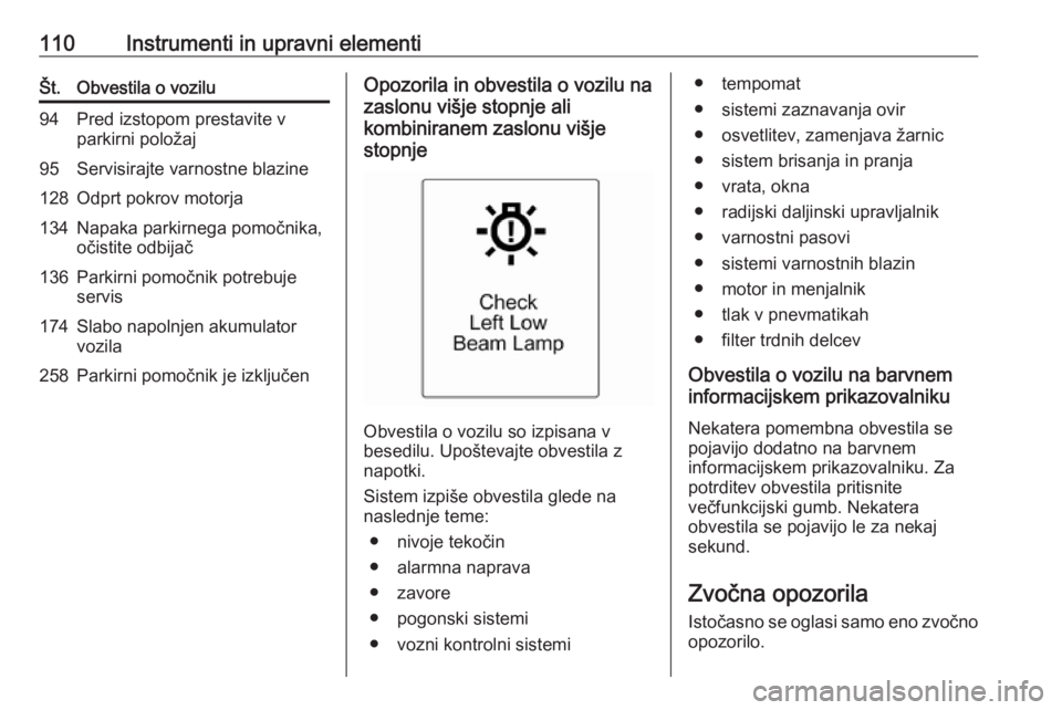 OPEL MERIVA 2016  Uporabniški priročnik 110Instrumenti in upravni elementiŠt.Obvestila o vozilu94Pred izstopom prestavite v
parkirni položaj95Servisirajte varnostne blazine128Odprt pokrov motorja134Napaka parkirnega pomočnika,
očistite 