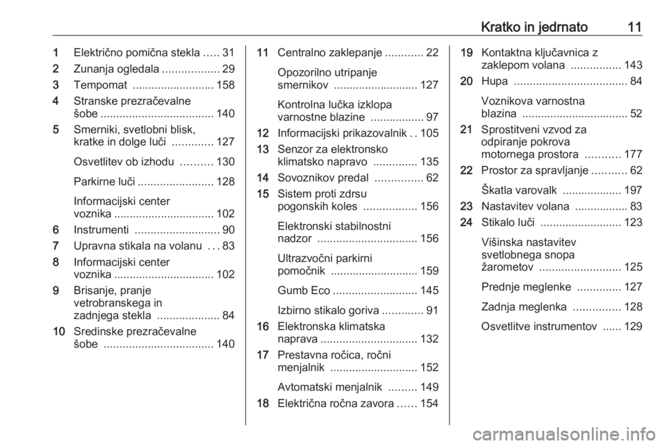 OPEL MERIVA 2016  Uporabniški priročnik Kratko in jedrnato111Električno pomična stekla .....31
2 Zunanja ogledala ..................29
3 Tempomat  .......................... 158
4 Stranske prezračevalne
šobe ............................